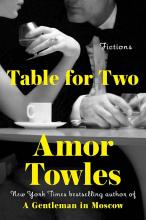 Table for two by Amor Towles book cover featuring a man and woman talking over coffee.