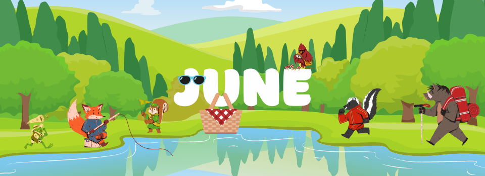 "Image of cartoon animals playing by a pond with text reading June and link to June children's newsletter."
