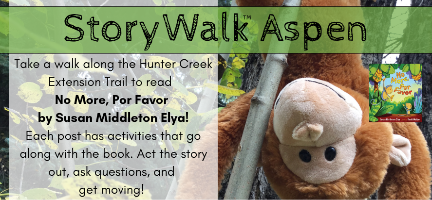 StoryWalk Image with stuffed animal monkeys hanging from tree to promote "no more por favor", which is the new storywalk book.
