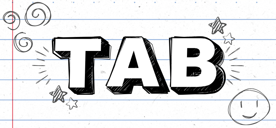 logo reading TAB on a lined piece of paper with doodles around it