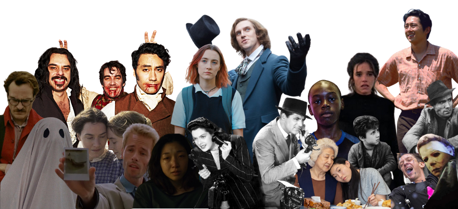Image of characters from films such as lady bird from lady bird, the vampires from what we do in the shadows, and others.