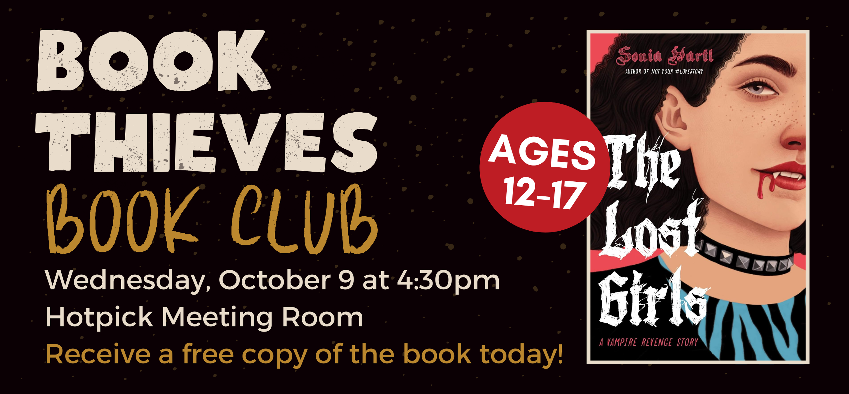 book thieves book club wednesday october 9 at four thirty in the evening for ages 12-17