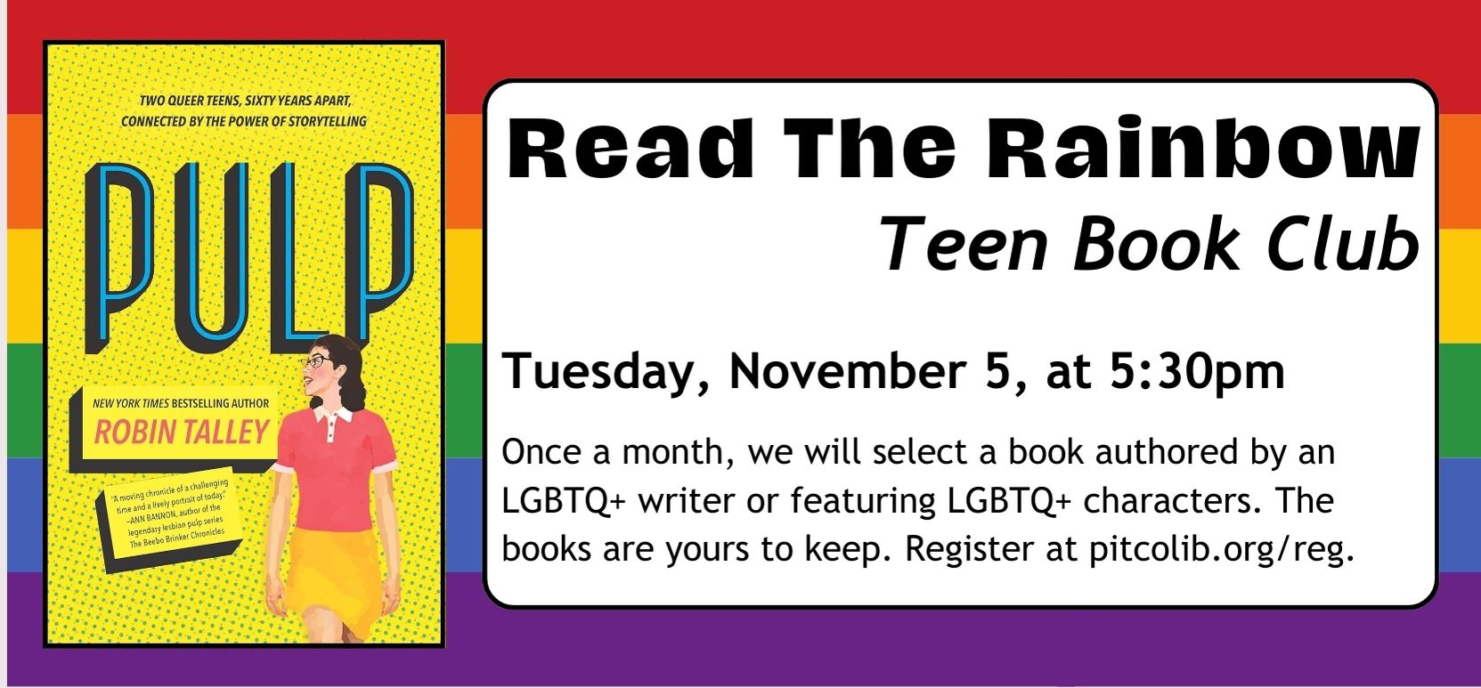 read the rainbow teen book club tuesday november fifth at five thirty in the evening pulp