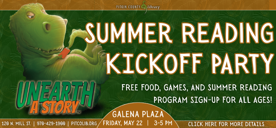 dinosaur reads book. text reads "summer reading kickoff party"