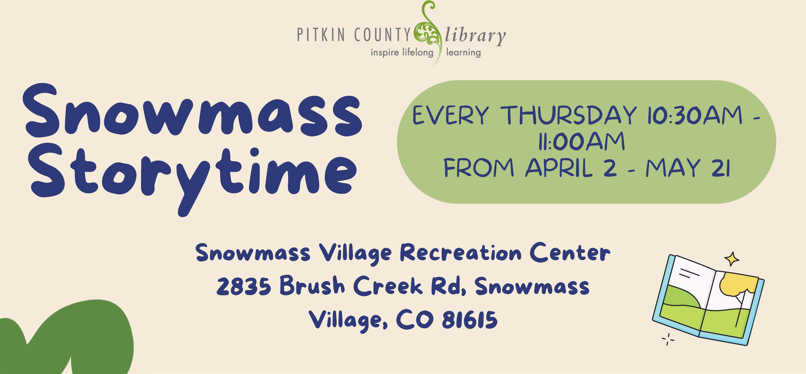 Join us for an all-ages storytime at the Snowmass Village rec-center for springtime storytimes, songs and more!