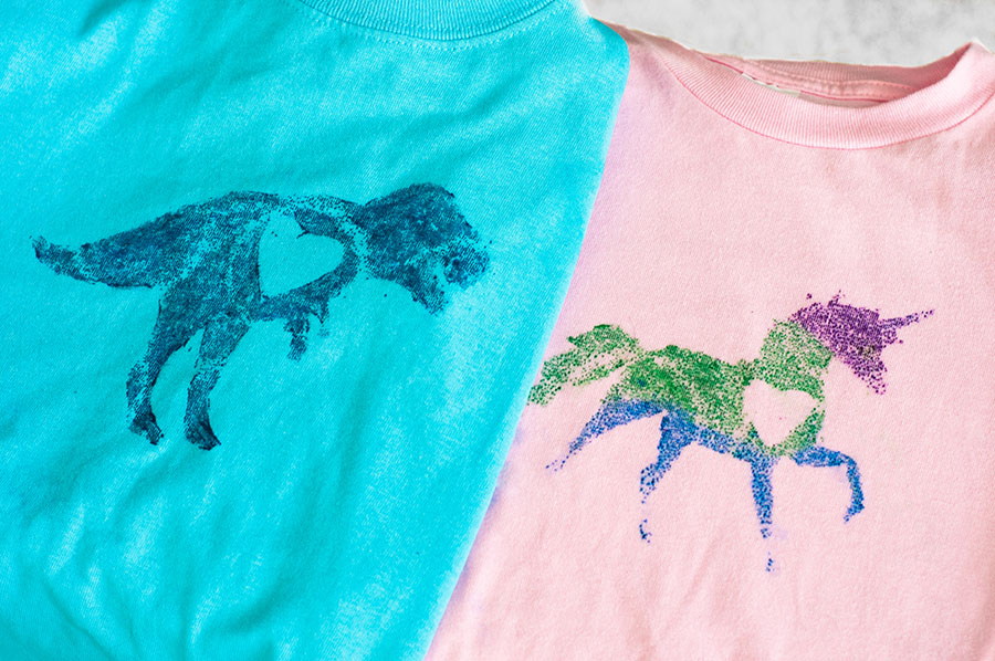 Sandpaper transfer shirts with unicorns and dinosaurs on them 