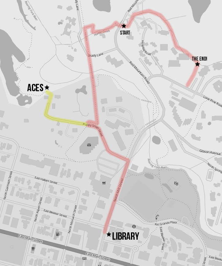 image of the map to story walk from the library to the Hunter Creek trail