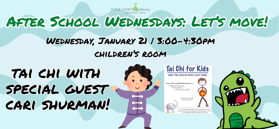 child does a tai chi pose with arms extended and legs bent next to book cover for "tai chi for kids and the adults who love them" next to green dinosaur