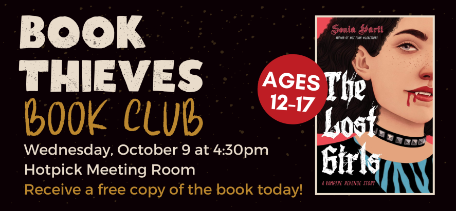 book thieves book club wednesday october 9 at four thirty in the evening for ages 12-17