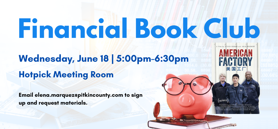 financial book club wednesday june eighteenth at five P M in the hotpick meeting room