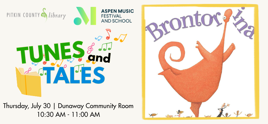 Tunes and Tales, July 30. Brontorina book cover. 