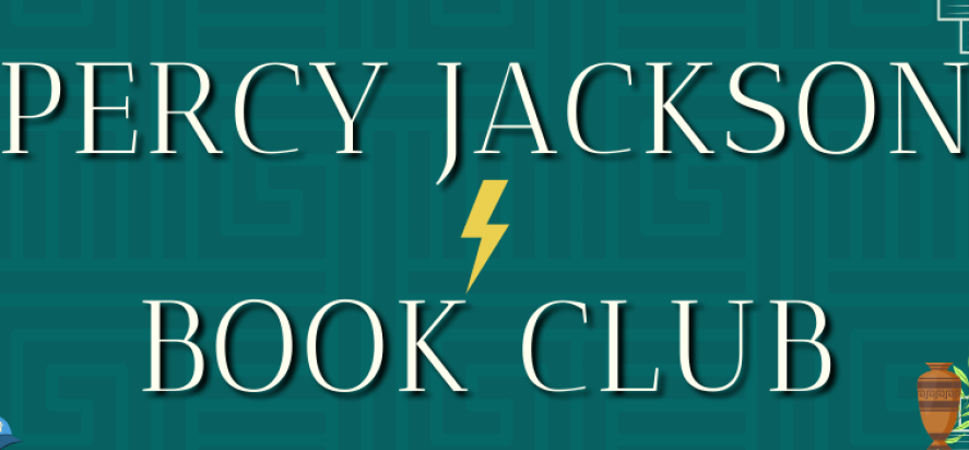 Percy Jackson Book Club text on background with lightning bolt and greek columns. 
