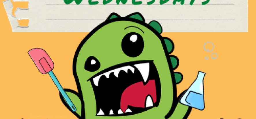 Dinosaur hold spatula and lab equipment to signify activities at after school wednesdays 