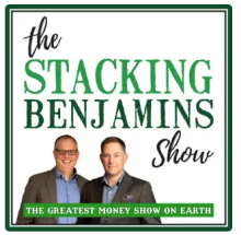 two older white men stand next to each other wearing suits. text reads, the stacking benjamins show