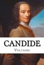 painted image of an older man in the style of the seventeen hundreds. text reads candide by voltaire.