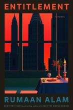 Entitlement by Rumaan Alam book cover featuring candlelit dinner in a high rise apartment.