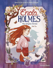 graphic of young girl with red hair holding a flower and a note book, her shadow is wearing a detective uniform. text reads Enola Holmes, the graphic novel volume one.