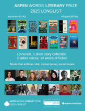 Poster featuring all fourteen novels and authors nominated for the Aspen Words Literary Prize 2025.