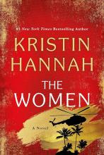 The women by Kristin Hannah book cover that is red and gold with two palm trees and a helicopter in the background.