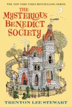 Book cover of the Mysterious Benedict Society by Trenton Lee Stewart. Cover shows a drawing of a Victorian house with kids playing all around.