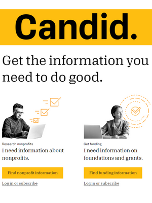two people look at computers. under one text reads i need information about nonprofits. under the second person text reads I need information about grants and foundations. text at the top reads Candid.